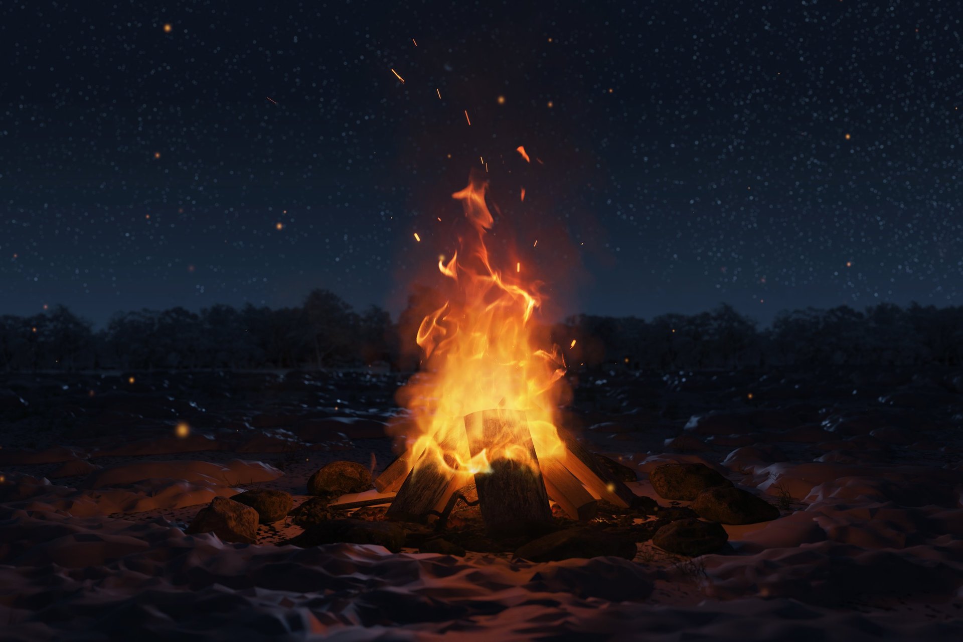 3D rendering of big bonfire with sparks and particles in front of forest and starry sky