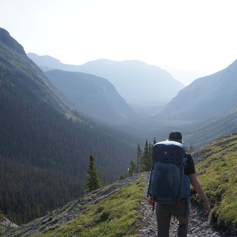Hiker with backpack on mountain trail overlooking forested valley with misty mountain range