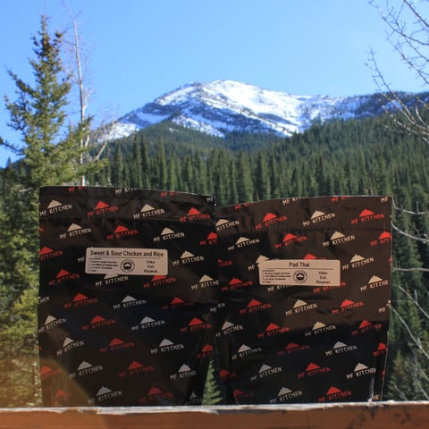 Pet Oven pet food box displayed outdoors with snow-capped mountain and forest backdrop