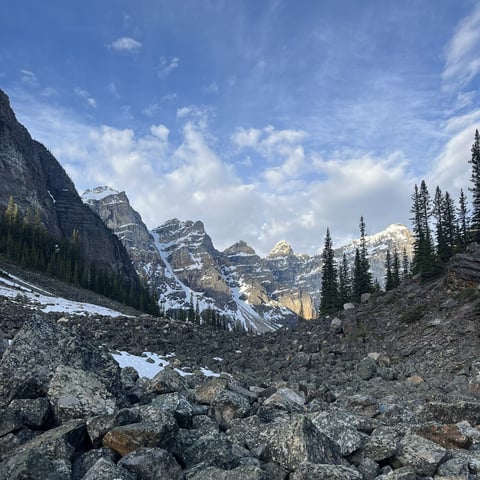 Snow-capped mountain peaks with rocky terrain, evergreen trees, and a clear blue sky in an alpine landscape