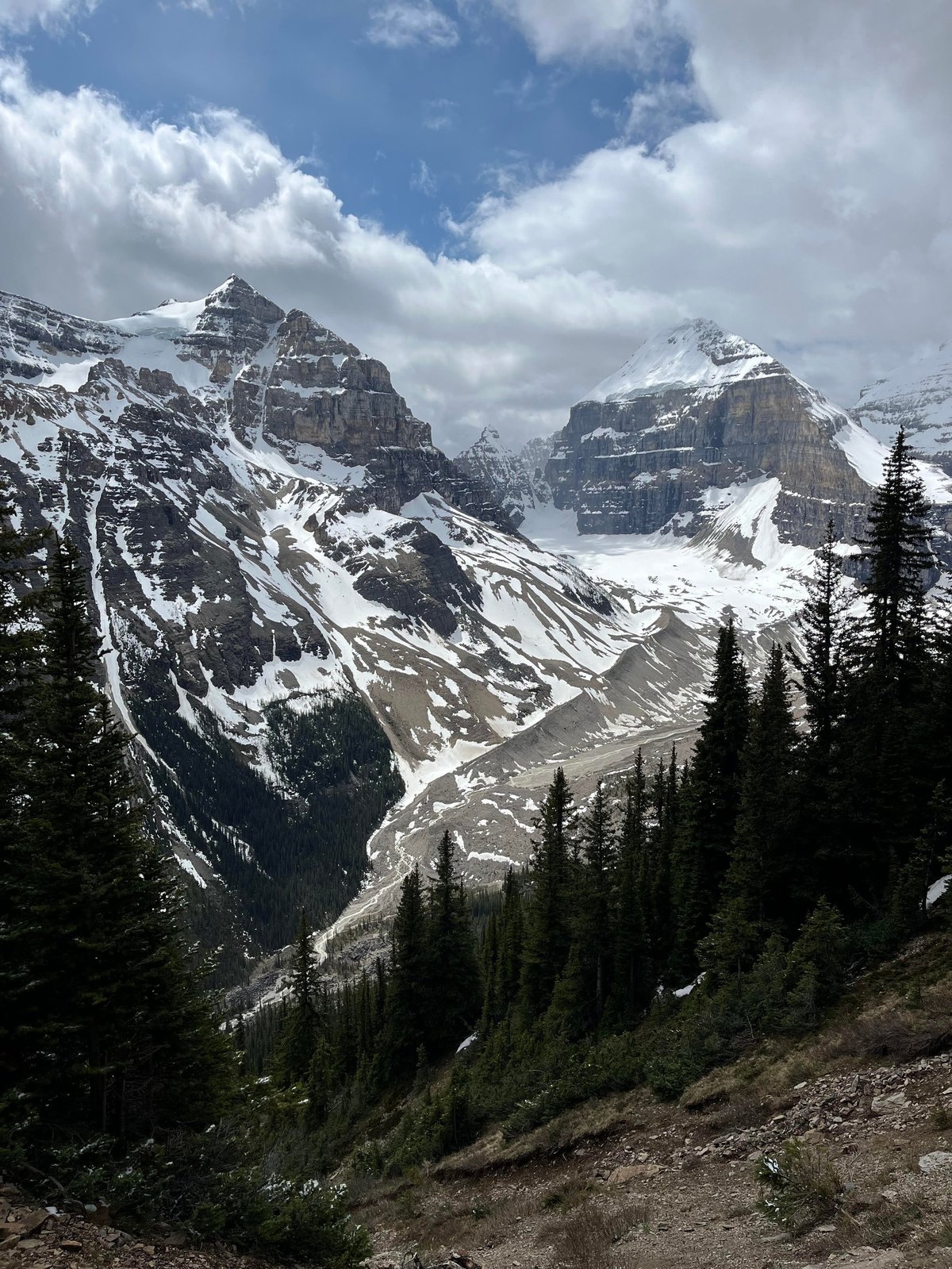 Snow-capped mountain peaks with forested slopes and a glacial valley under blue sky with white clouds